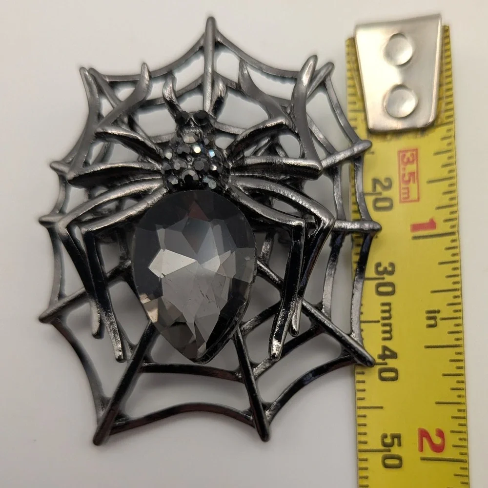 Spider Web Brooch Pin Gunmetal Gray Rhinestone Halloween Gothic Jewelry